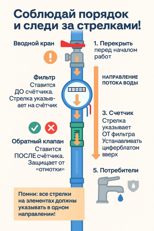 Анатомия правильной установки счетчика воды - схема подключения