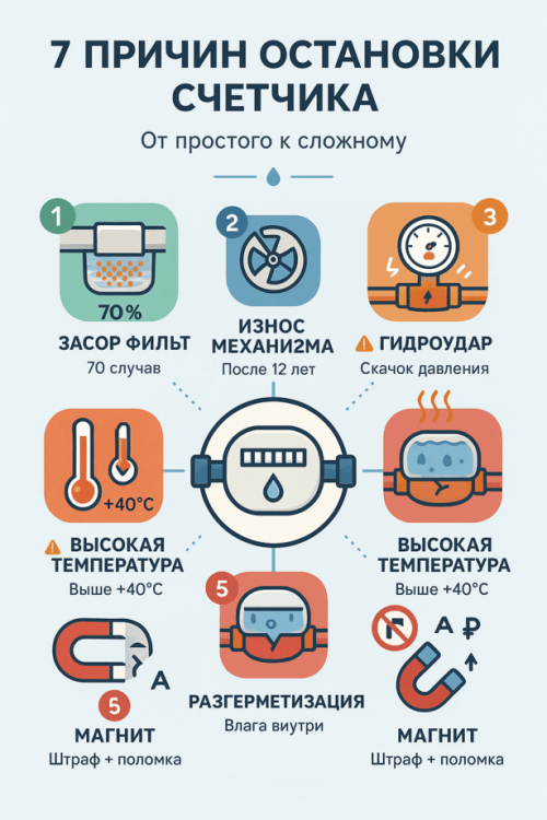 7 главных причин остановки счетчика воды - инфографика